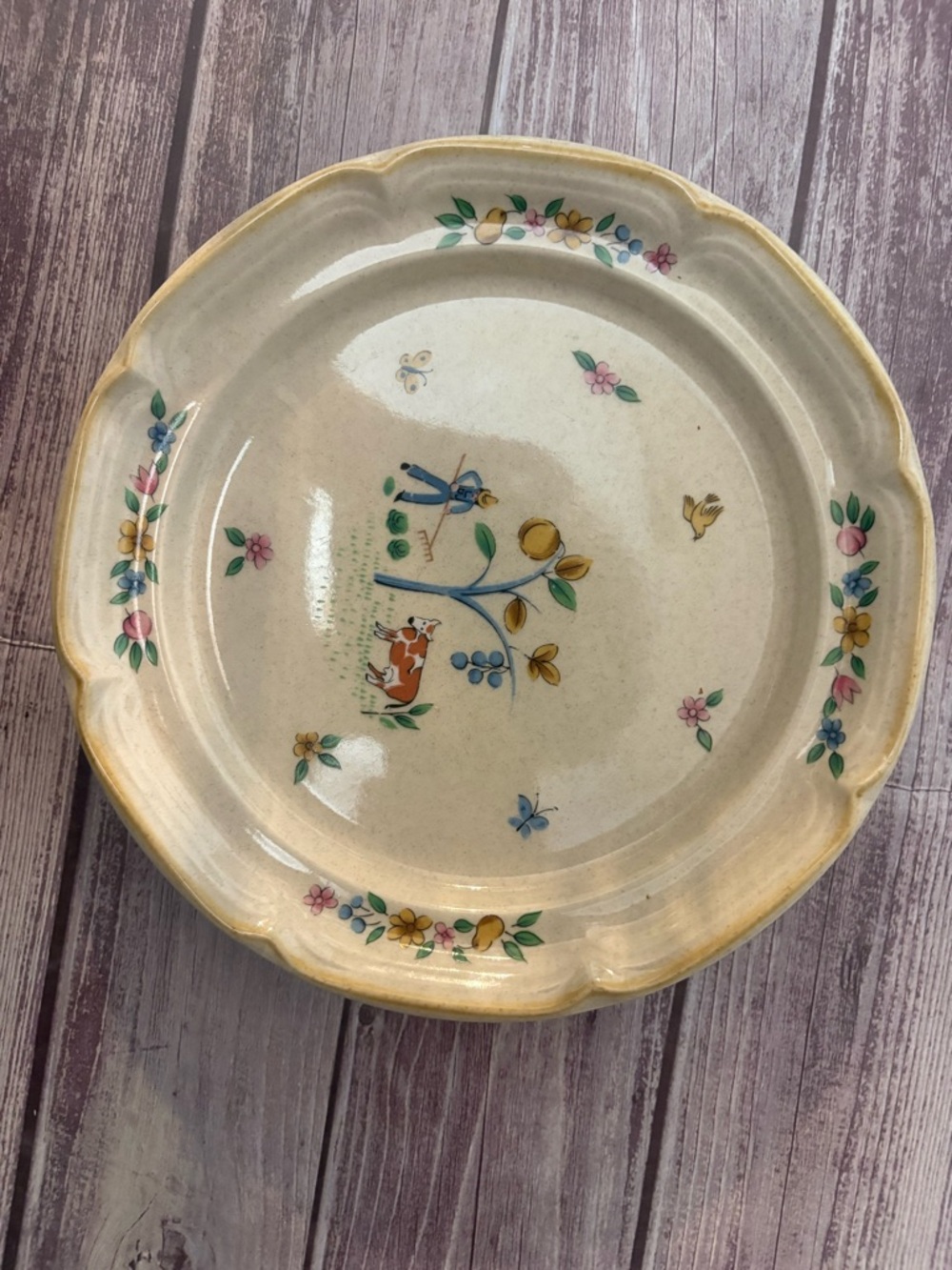 Hand-Painted Floral Ceramic Dinner Plate in Cream with Yellow Rim